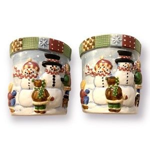 Lot of 2 Yankee Candle Winter Building Snowman Family Votive/Tea Light Holder